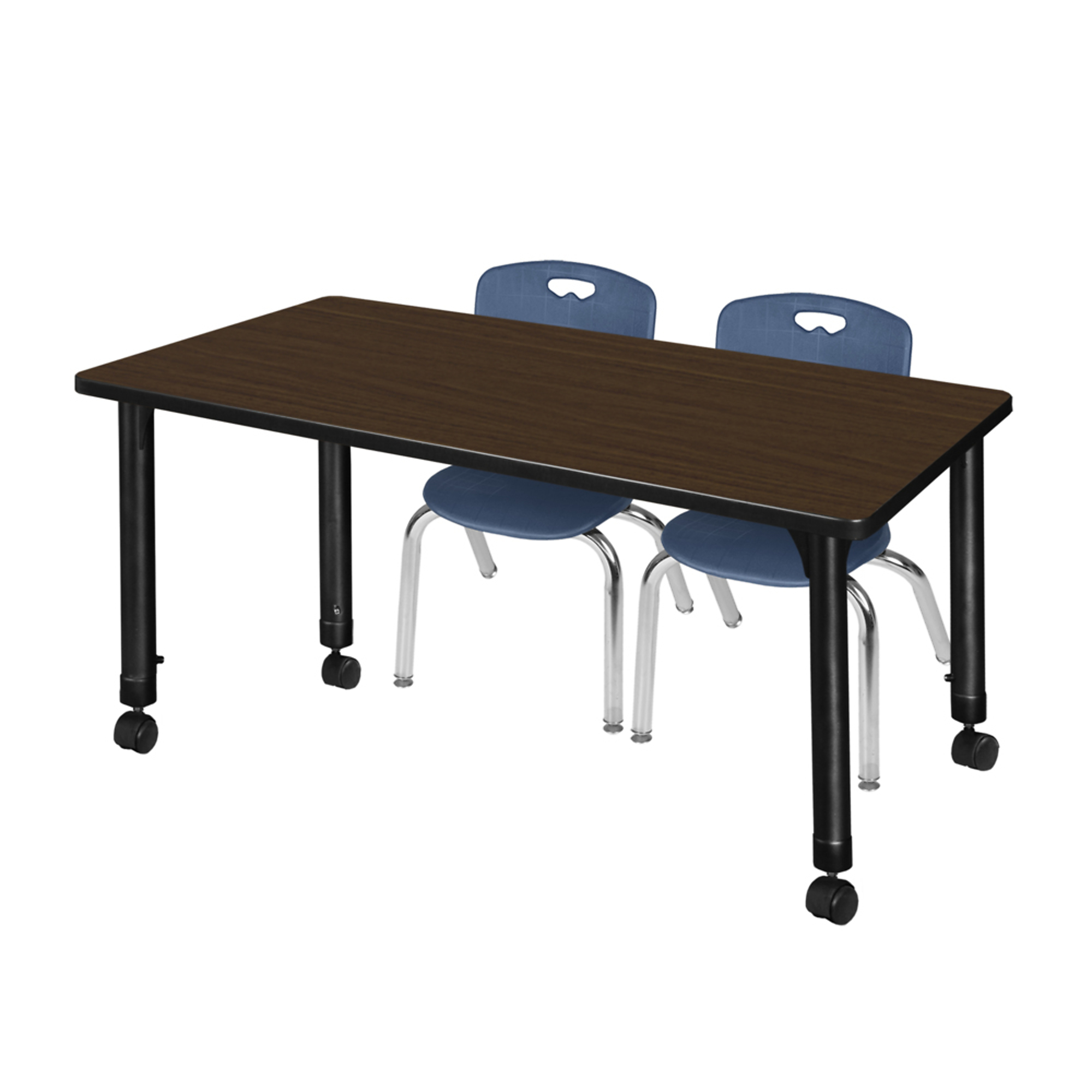 Regency Kee Mobile Adjustable Classroom Table Set — 48in. x 30in., Neo Walnut Top, Black Base, Includes 2 Navy Blue Andy 12in. Stack Chairs, Model# MT4830NWAPCBK45NV